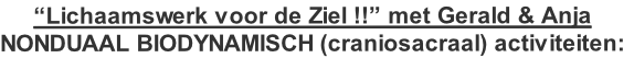      “Lichaamswerk voor de Ziel !!” met Gerald & Anja
NONDUAAL BIODYNAMISCH (craniosacraal) activiteiten: